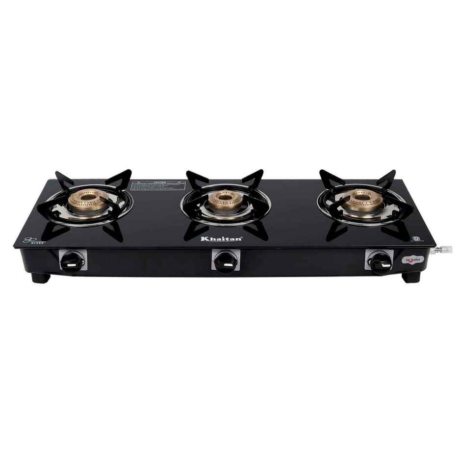 Khaitan 3 Burner BP Jio Toughened Glass | LPG Cooktop I Manual Ignition Stove | Black