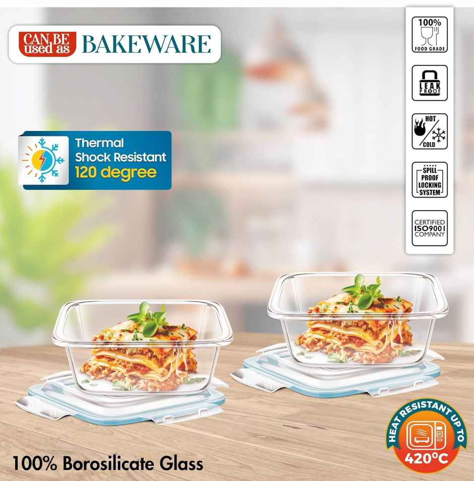 Signoraware Borosilicate Glass Container | 320 ml | Set of 2 | Clear | Glass Food Storage Container