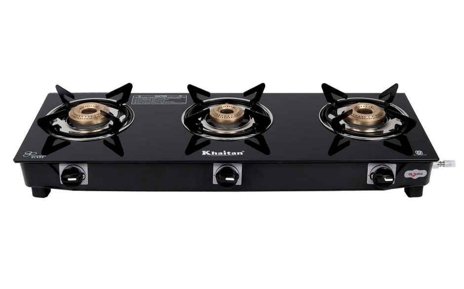 Khaitan 3 Burner BP Jio Toughened Glass | LPG Cooktop I Manual Ignition Stove | Black