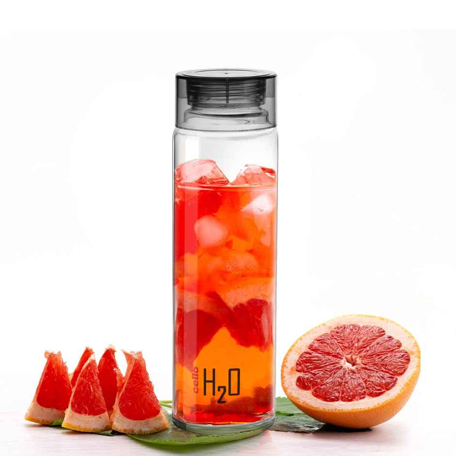 Cello Glass H2O Fridge Water Bottle with Plastic Cap | Black - 920 ml