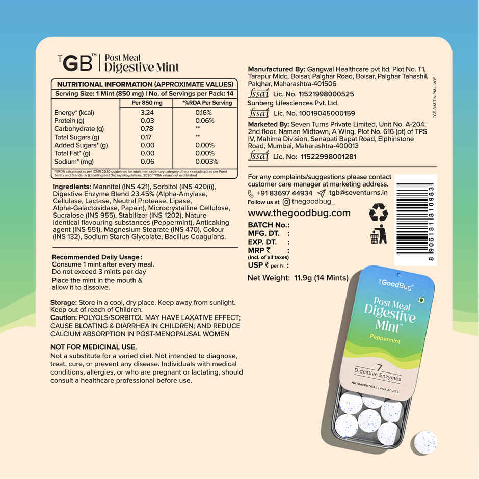 The Good Bug Post Meal Digestive Mint- Peppermint Flavour | 14 of Pack