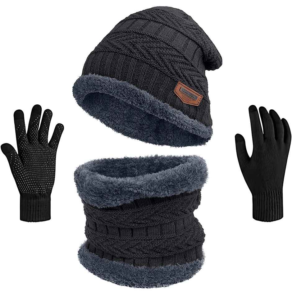 Infispace Unisex Winter Woolen Earmuff Beanie Knitted Cap Neck Set with Finger Gloves | Blue
