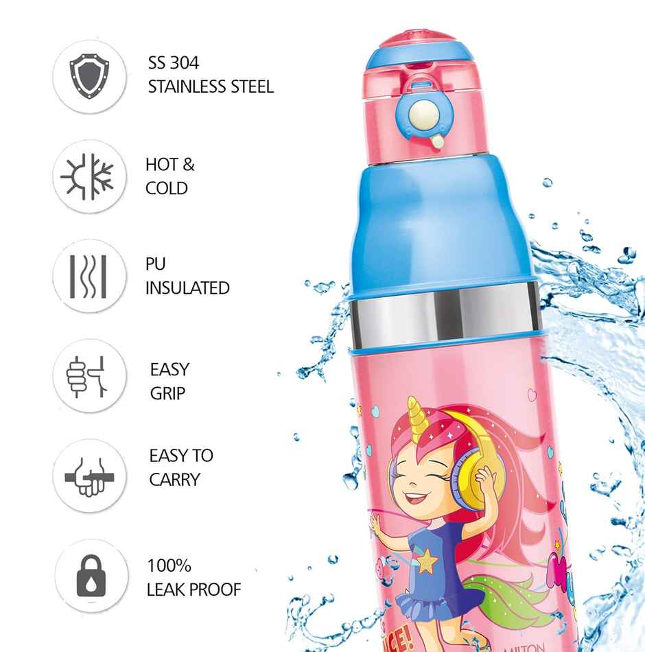 MiLiteron Kool Stunner 600 Kids Plastic Insulated Water Bottle | 520 ml | Pink