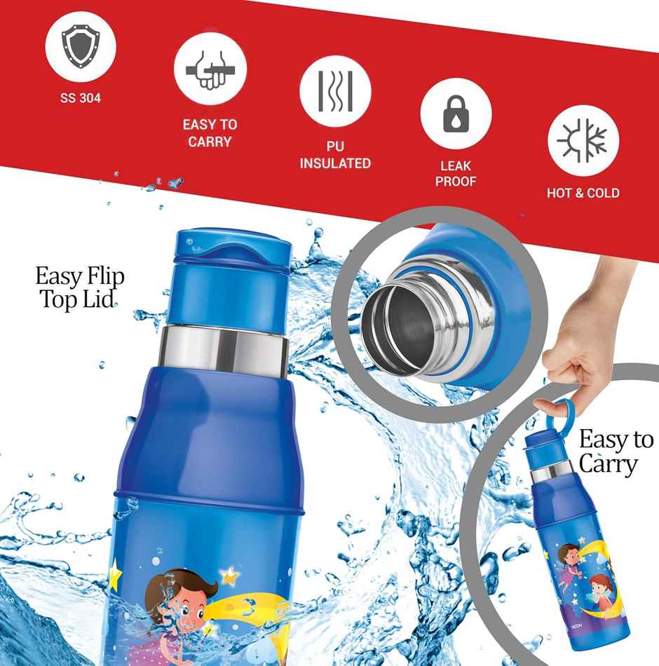MiLiteron Kool Steelight 600 Kids Plastic Insulated Water Bottle With Straw | 520 ml | Pearl Blue