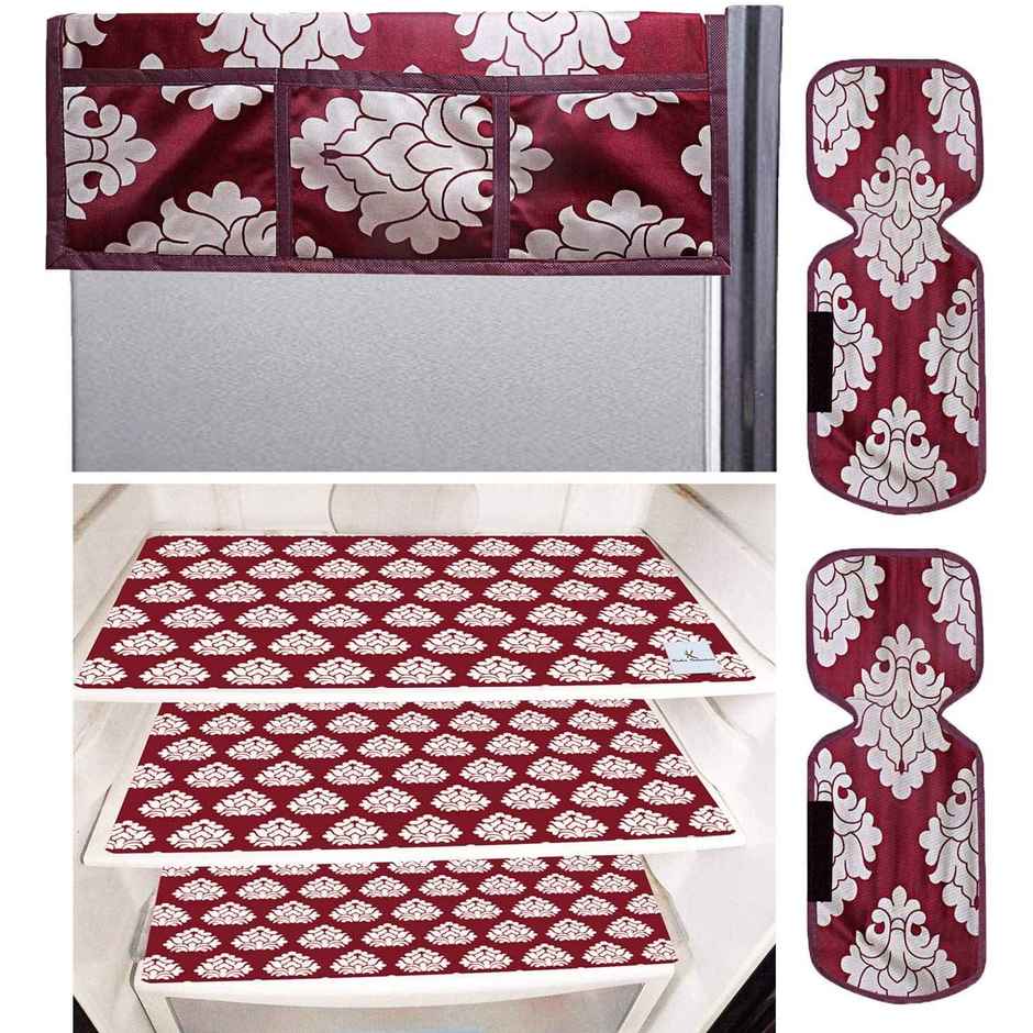 Kuber Industries PVC Flower 3 Pcs Fridge Mat |2 Pcs Handle Cover & 1 Pcs Fridge Top Cover | Maroon