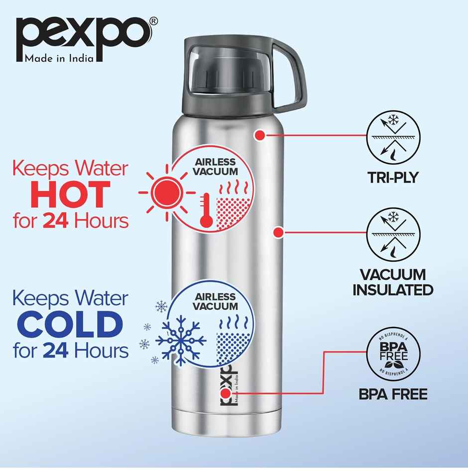 Pexpo Ferrero ISI Certified Vacuum Insulated Hot/Cold Steel Flask With Jute Bag | 1.5 L | Silver