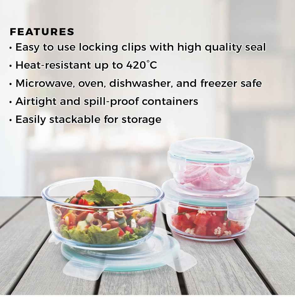 Signoraware Lock N Store Round Borosilicate Glass Container | 400 ml + 620 ml + 950 ml |Transparent