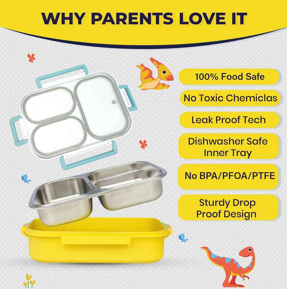 SOLARA Premium Stainless Steel Lunch Box for Kids | Leak Proof | Tiffin Box for Boys & Girls | Dino