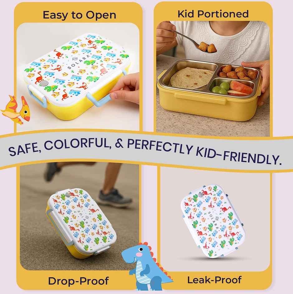 SOLARA Premium Stainless Steel Lunch Box for Kids | Leak Proof | Tiffin Box for Boys & Girls | Dino