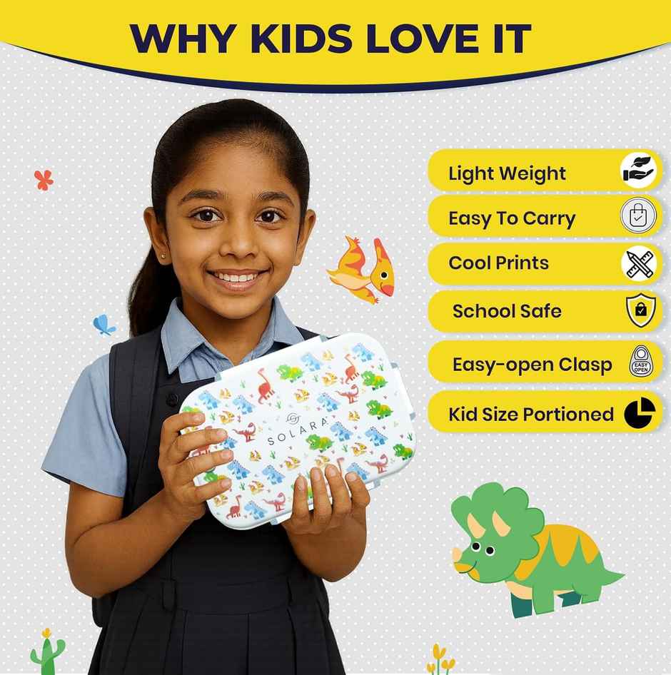 SOLARA Premium Stainless Steel Lunch Box for Kids | Leak Proof | Tiffin Box for Boys & Girls | Dino