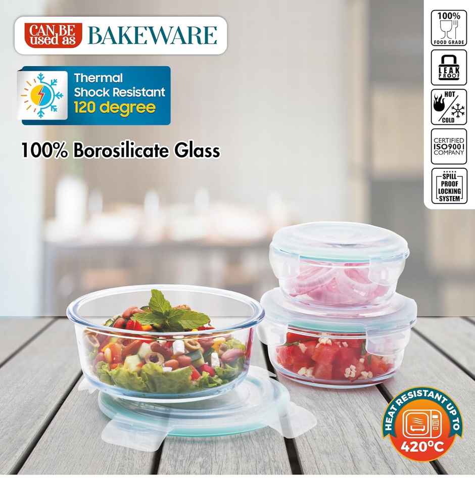 Signoraware Lock N Store Round Borosilicate Glass Container | 400 ml + 620 ml + 950 ml |Transparent