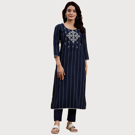 Libas Women's Embroidered Silk Straight Kurta | Blue - L