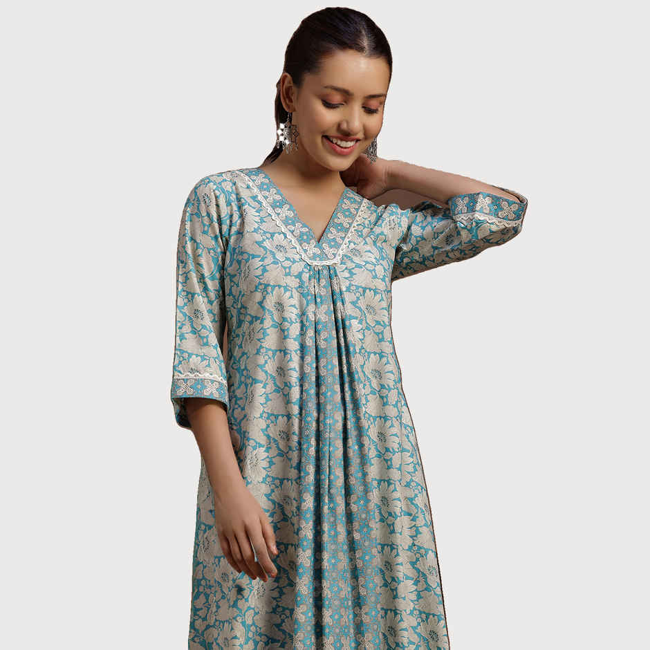 Libas Women's Floral Printed Panelled A-Line Dress with Pleated Style And Pocket | 29115O | Blue - M