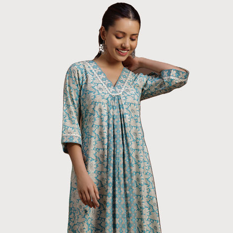 Libas Women's Floral Printed Panelled A-Line Dress with Pleated Style And Pocket | 29115O | Blue - M