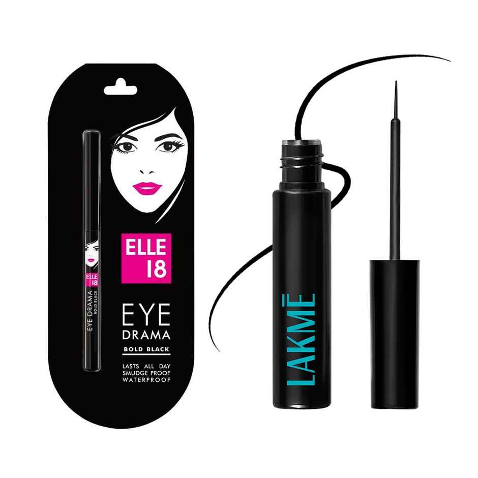 Lakme Elle 18 Eye Drama Kajal Super Black(0.35gms) & Lakme Eyeconic Eyeliner - Black | Waterproof(4.5ml) Combo