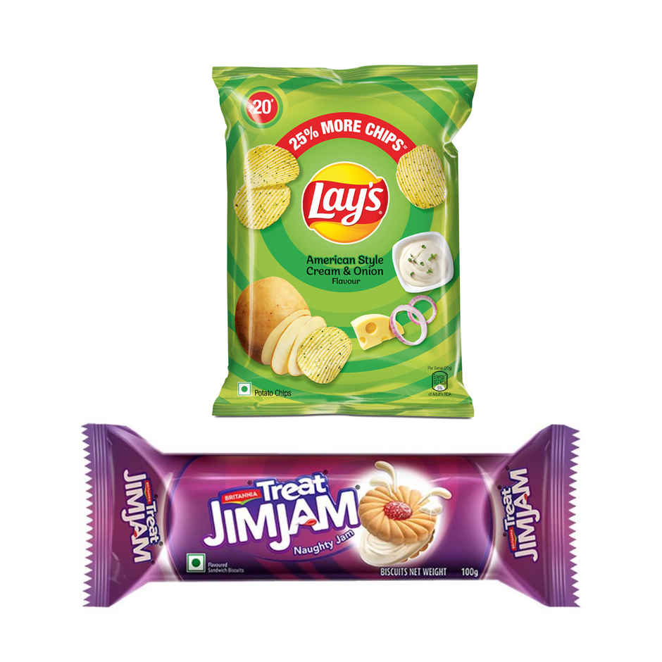 Britannia Treat Jimjam Cream Biscuits & Lay'S American Cream & Onion Potato Chips Combo