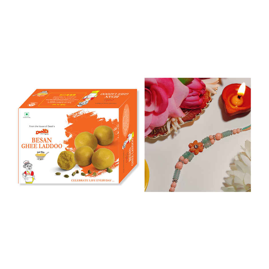 Daadi'S Besan Laddoo Pure Ghee(200gms) & Pastle Green & Pink Flower Design Rakhi(1pc) Combo