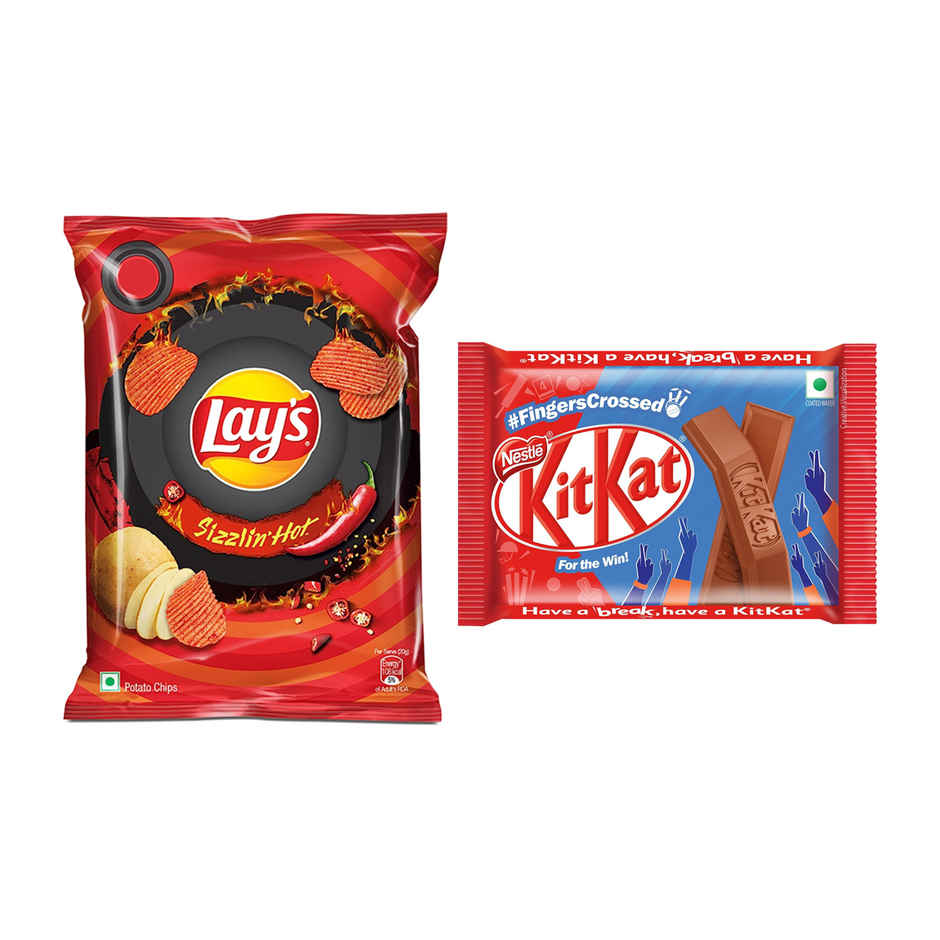 Lay'S Potato Chips - Sizzling Hot Spicy Flavour(48gms) & Nestle Kitkat Crispy & Creamy 4 Finger Chocolate Coated Wafer(38.5gms) Combo