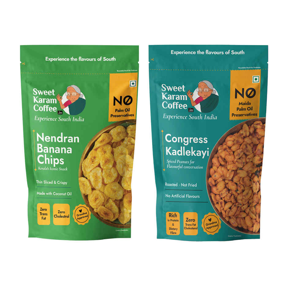 Sweet Karam Coffee Kerala Nendran Banana Chips 65.0 Gram(65gms) & Sweet Karam Coffee Spiced Peanuts (Congress Kadlekayi) 95.0 Gram(95gms) Combo