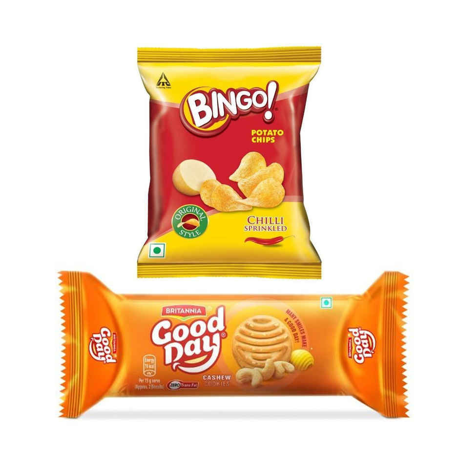 Britannia Good Day Cashew Cookies(100gms) & Bingo! Chilli Sprinkled Potato Chips(45gms) Combo