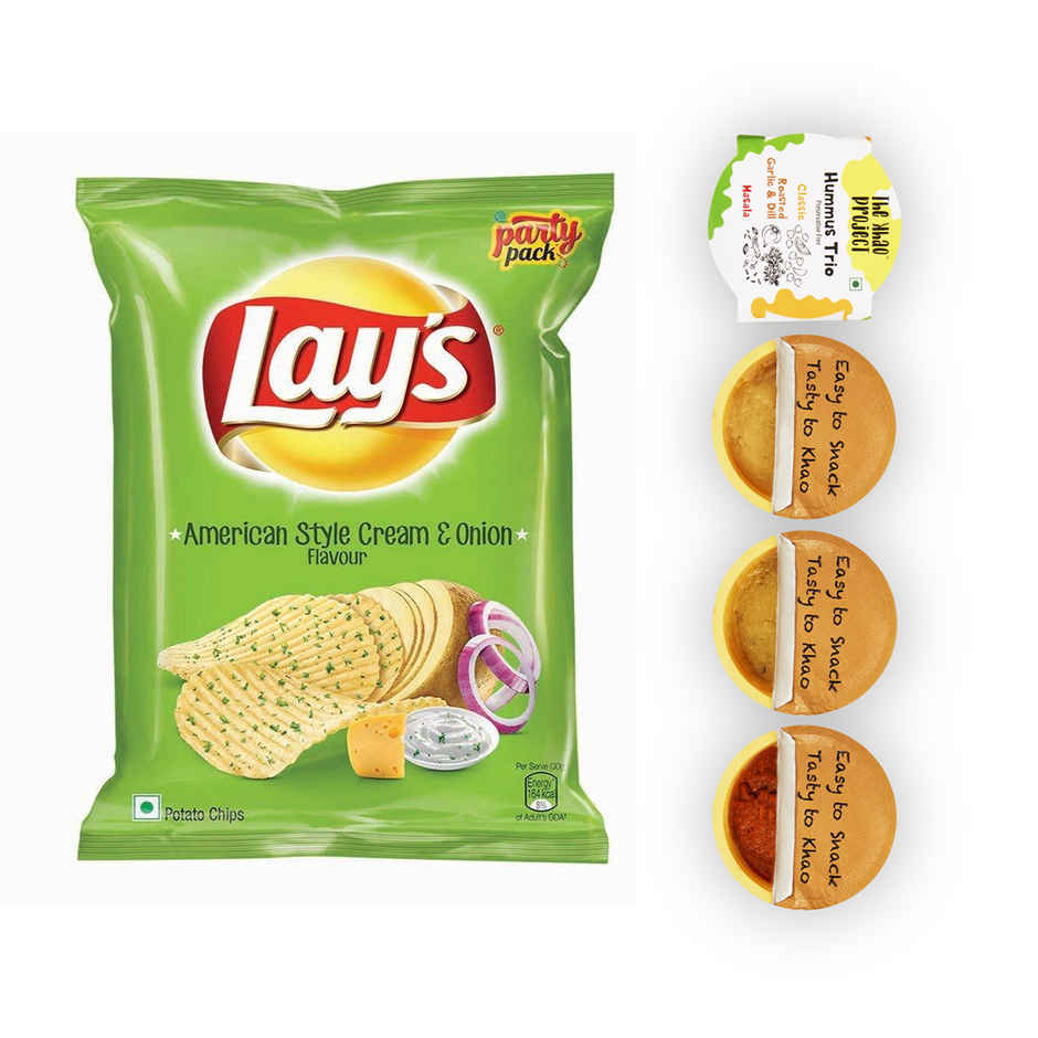 Lay'S American Cream & Onion Potato Chips(90gms) & The Khao Project Hummus Trio - Classic Roasted Garlic & Dill & Masala(150gms) Combo