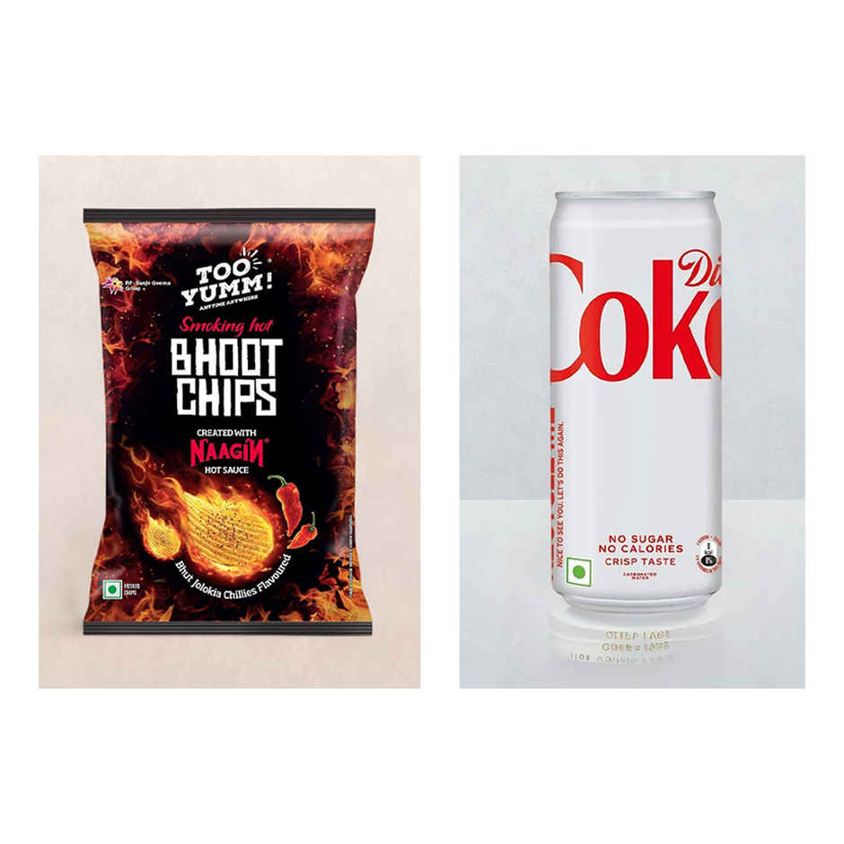 Too Yumm! Bhoot Chips Created With Naagin Hot Sauce | Tasty & Spicy Potato Chips | 100% Vegetarian(82gms) & Diet Coke Can(300ml) Combo