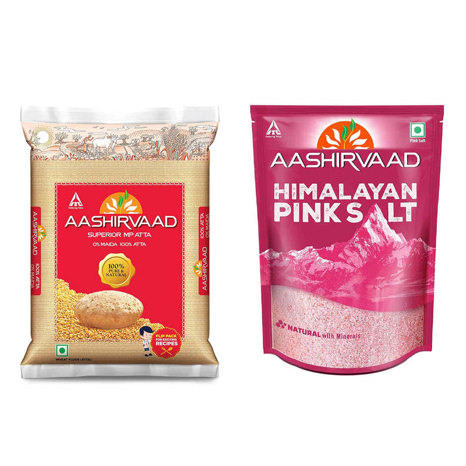 Aashirvaad Atta - Superior Mp Whole Wheat, No Maida (Pouch)(10kg) & Aashirvaad Himalayan Pink Salt(1kg) Combo