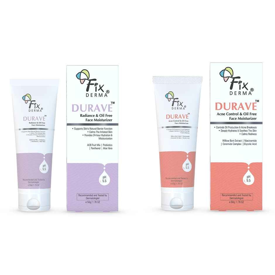 Fixderma Durave Radiance, Brightening & Oil Free Face Moisturizer With Probiotics, Aloe Vera(50gms) & Fixderma Durave Acne Control & Oil Free Moisturizer For Face With Glycolic Acid(50gms) Combo