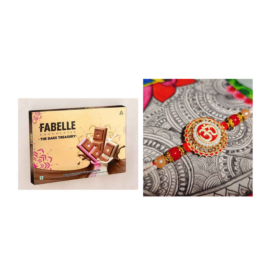 Fabelle, The Bars Treasury, Assorted Chocolates Gift Pack(168gms) & Premium Om Pendant Rakhi With Intricate Moti Pattern In White & Red(1pc) Combo