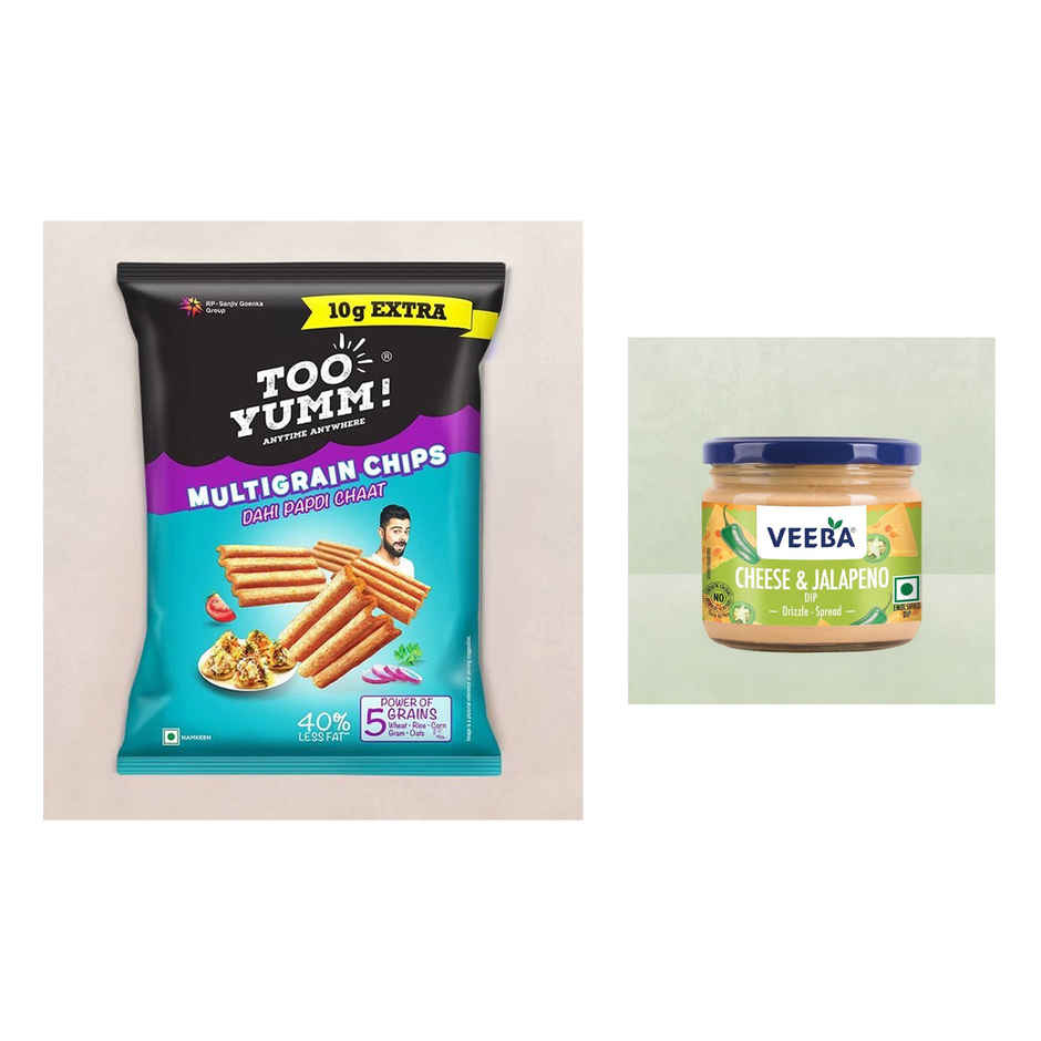 Too Yumm! Dahi Papdi Chaat Multigrain Chips | Protein Snack For Movies, Games, Parties & More(75gms) & Veeba Cheese And Jalapeno Dip(300gms) Combo