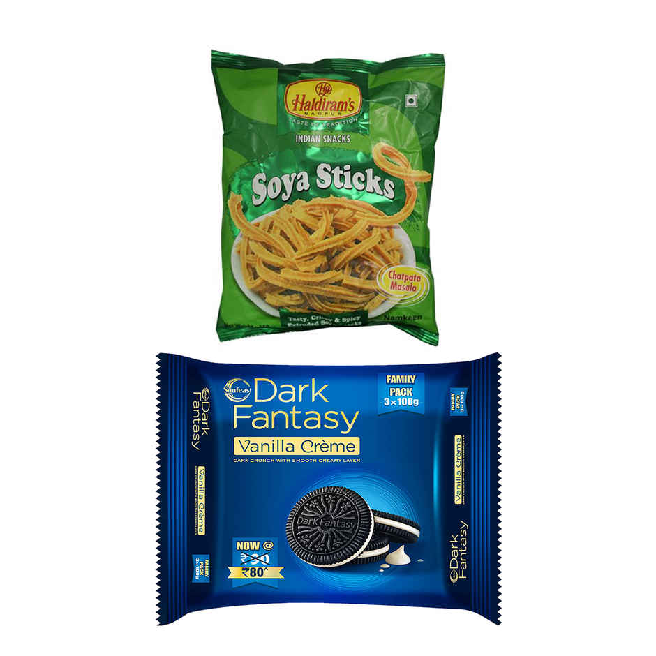 Sunfeast Dark Fantasy - Vanilla Crã¨Me, Dark Crunchy Biscuit(300gms) & Haldirams Soya Sticks(200gms) Combo