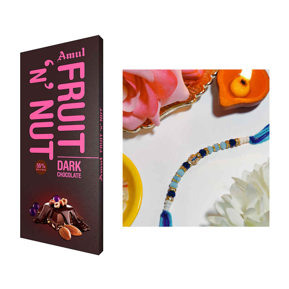 Amul Fruit 'N' Nut Chocolate(150gms) & Beautifully Weaved Dori Rakhi With Blue & White Shade Moti(1pc) Combo
