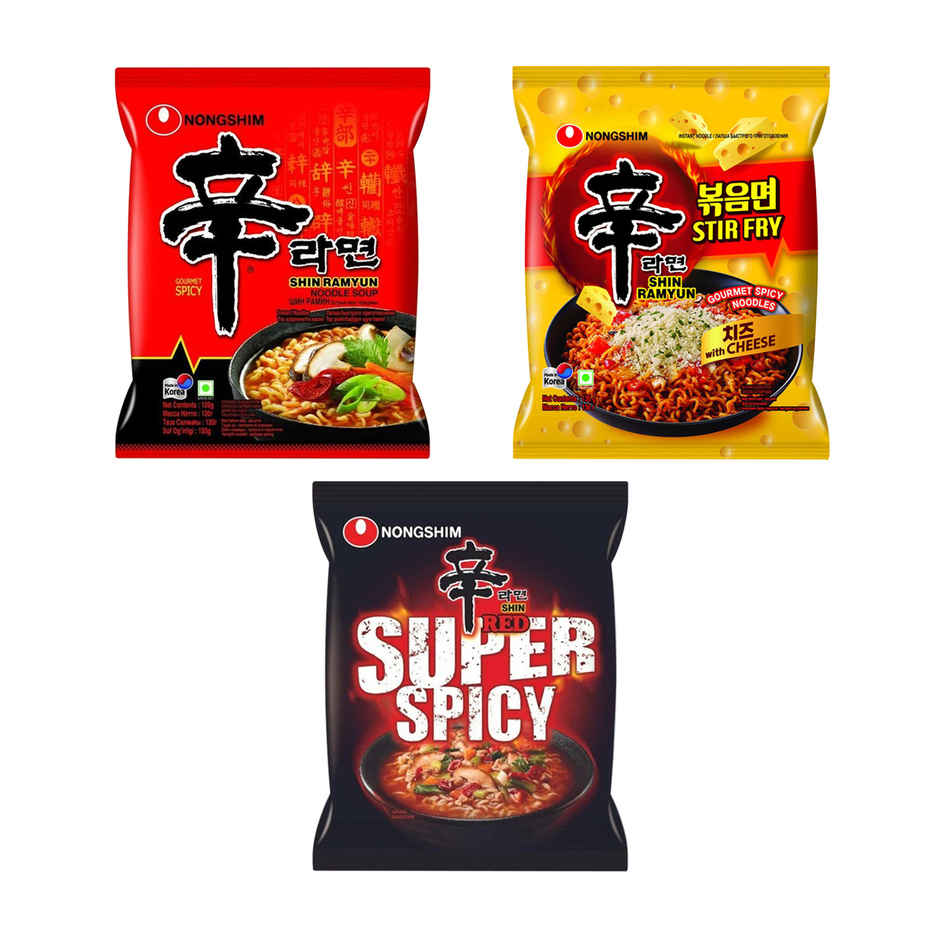 Nongshim Shin Ramyun Noodle Soup(120gms), Nongshim Shin Ramyun Stir Fry Noodles with Cheese(136gms) & Nongshim Shin Red Super Spicy(120gms) Combo