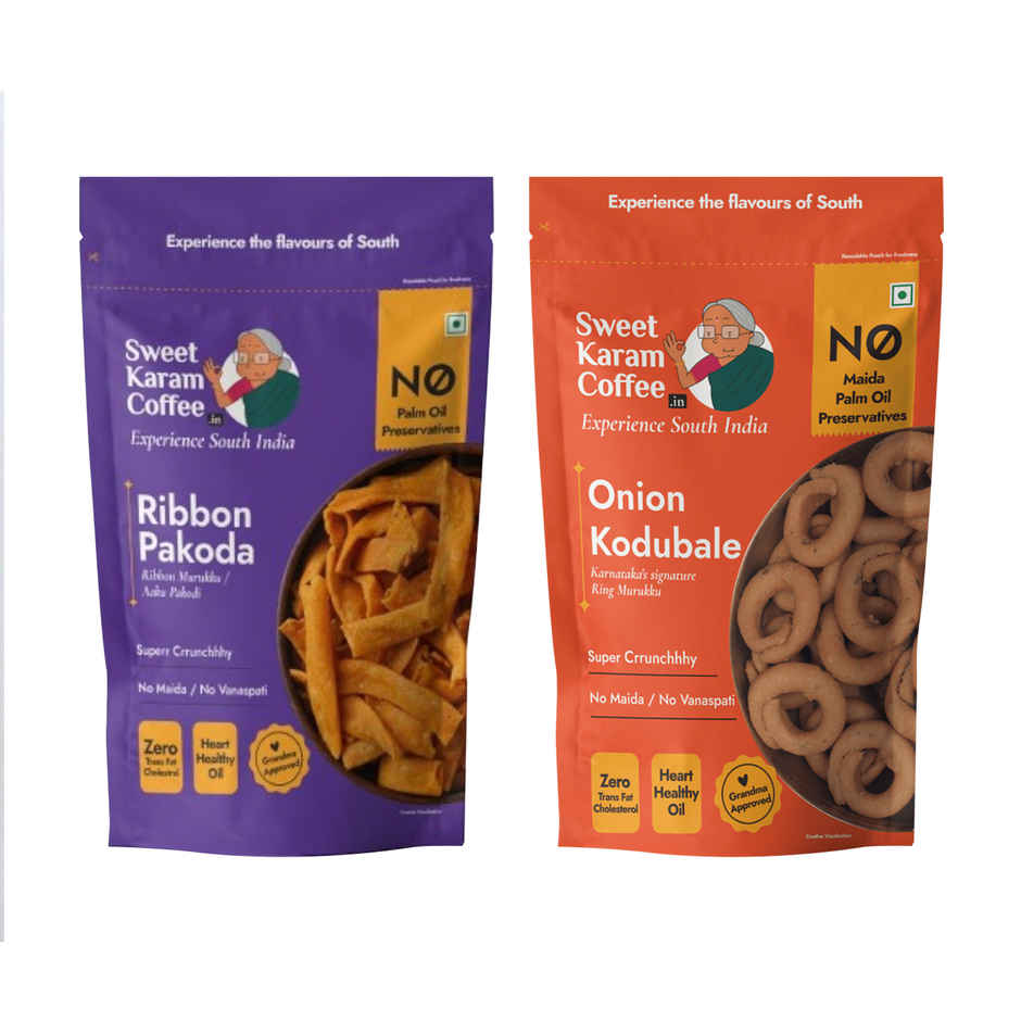 Sweet Karam Coffee Ribbon Pakoda 95.0 Gram(95gms) & Sweet Karam Coffee Onion Kodubale/ Chakli / Ring Murukku 96.0 Gram(96gms) Combo