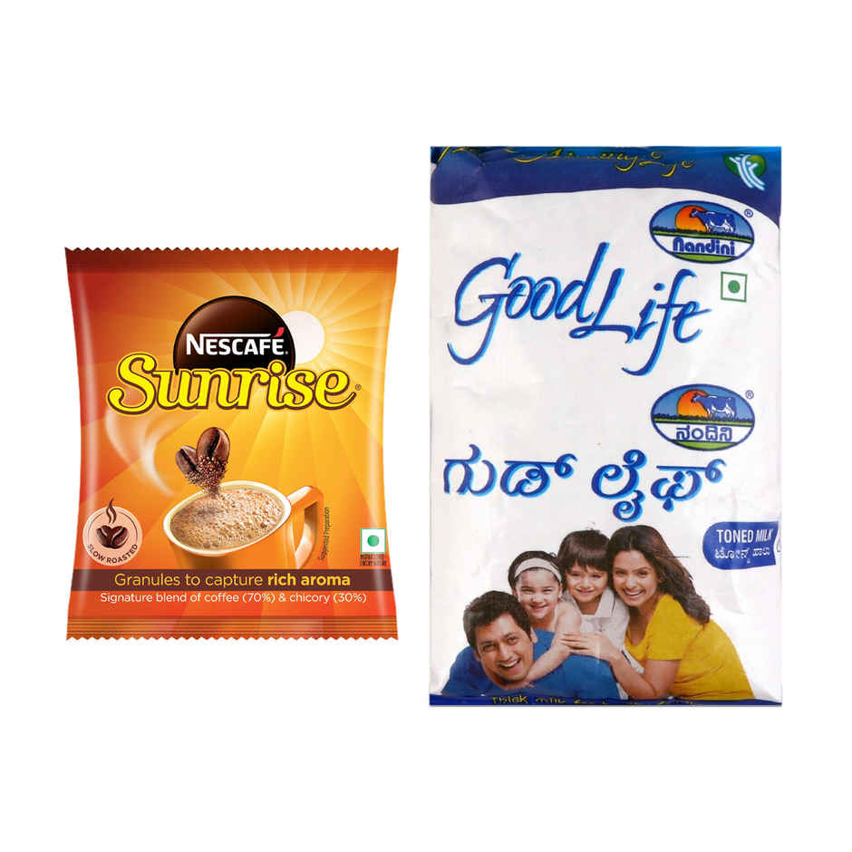 Nescafe Sunrise Instant Coffee- Chicory Mix Pouch(50gms) & Nandini Goodlife Toned Uht Milk (Fino Pouch)(500ml) Combo