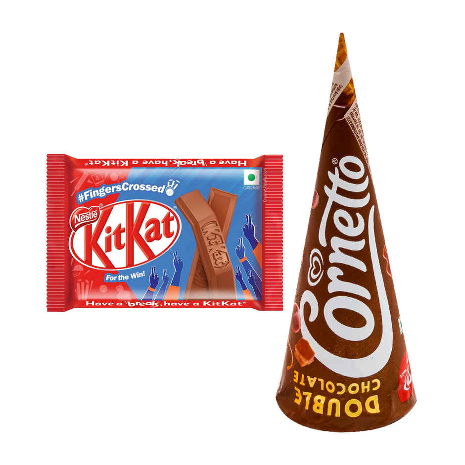 Kwality Wall'S Cornetto Double Chocolate Cone(105ml) & Nestle Kitkat Crispy & Creamy 4 Finger Chocolate Coated Wafer(38.5gms) Combo