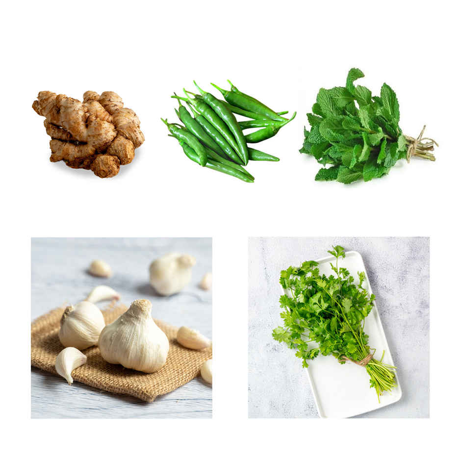 Ginger(200gms), Garlic(200gms) & Chilli Green(100gms) Mint Leaves(100gms) Coriander Leaves(100gms) Combo