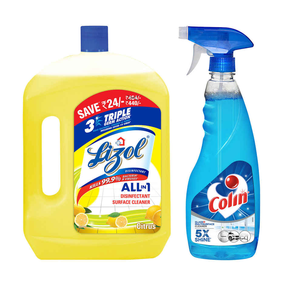 Lizol Disinfectant Surface & Floor Cleaner Liquid, Citrus(2l) & Colin Glass Cleaner Pump 2X More Shine With Shine Boosters(500ml) Combo