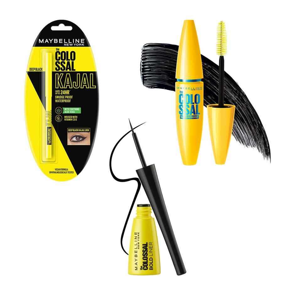 Maybelline New York Colossal Kajal Black Fix With Aloe Vera(0.35gms), Maybelline New York Volume Express Colossal Mascara Waterproof Black(10ml) & Maybelline Eyeliner - Bold Black | Waterproof(1pc) Combo