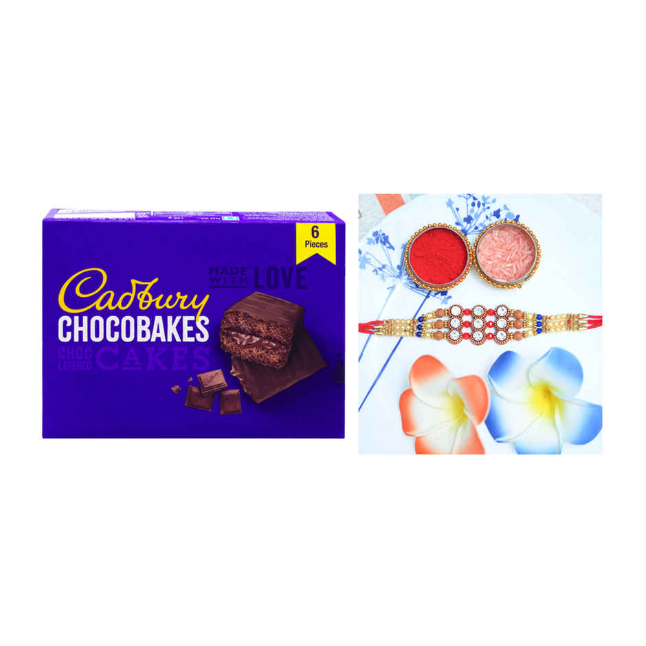 Cadbury Chocobakes Choclayered Cakes(114gms) & Aurum Premium Big Rakhi With Diamond & Bead Bracelet(1pc) Combo