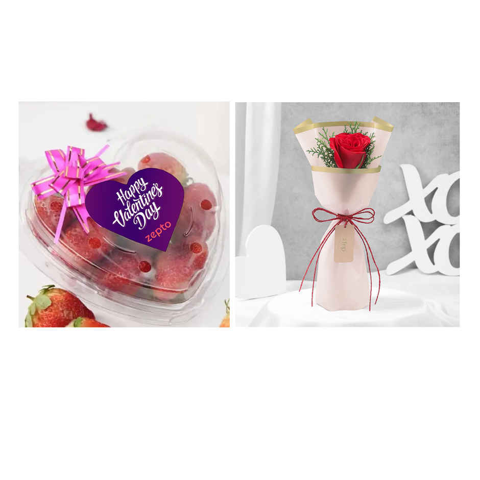 Fnp Radiant Red Rose Bouquet(1pc) & Strawberry Heart Shaped Box(200gms) Combo