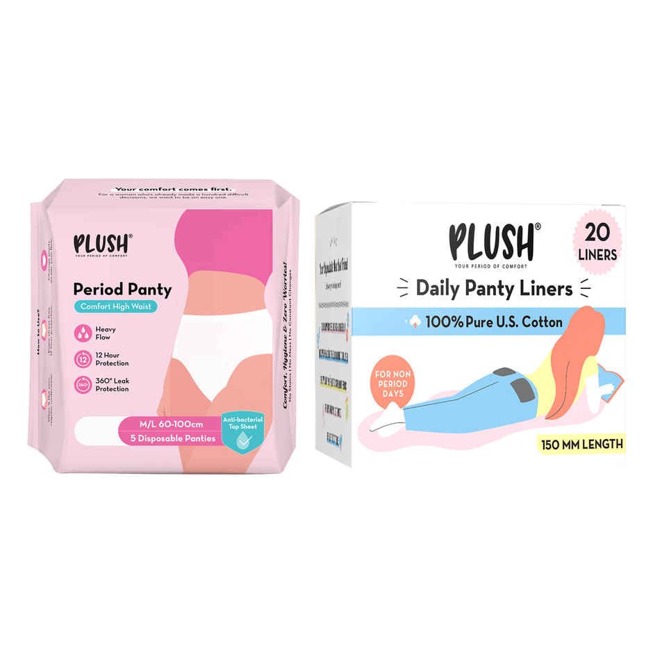 Plush Period Panty M/L Comfort High Waist Disposable 5.0 Piece(5pc) & Plush Daily Panty Liner (Ultra Thin) 20.0 Piece(20pc) Combo