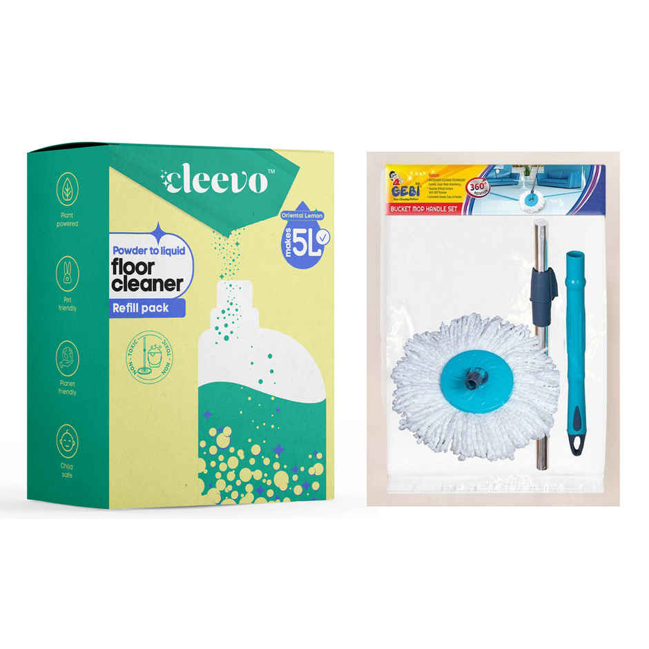 Cleevo Natural Floor Cleaner Refill Pack Non-Toxic Eco-Friendly Powder To Liquid Lemon(5l) & Gebi Sparkle Plus Extendable Handle/ Stick Rod With Microfiber Refill For Spin Mop(1pc) Combo