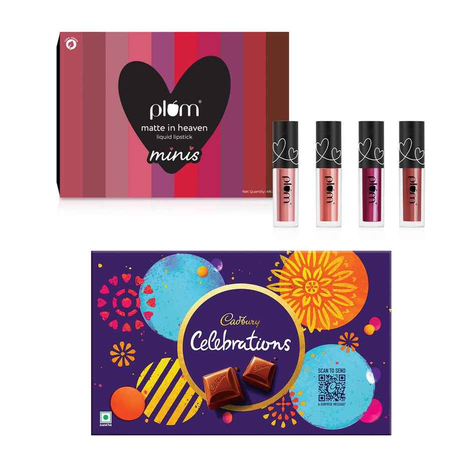 Plum Matte In Heaven Liquid Lipstick Minis(6ml) & Cadbury Celebrations Assorted Chocolate Rakhi Gift Pack(178.8gms) Combo