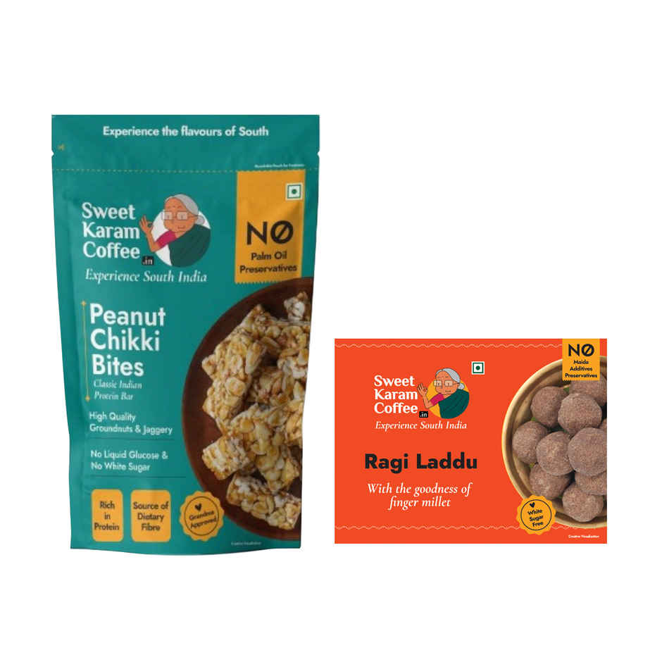 Sweet Karam Coffee Peanut Chikki Bites 150.0 Gram(150gms) & Sweet Karam Coffee Ragi Laddu - Healthy Snacks 150.0 Gram(150gms) Combo