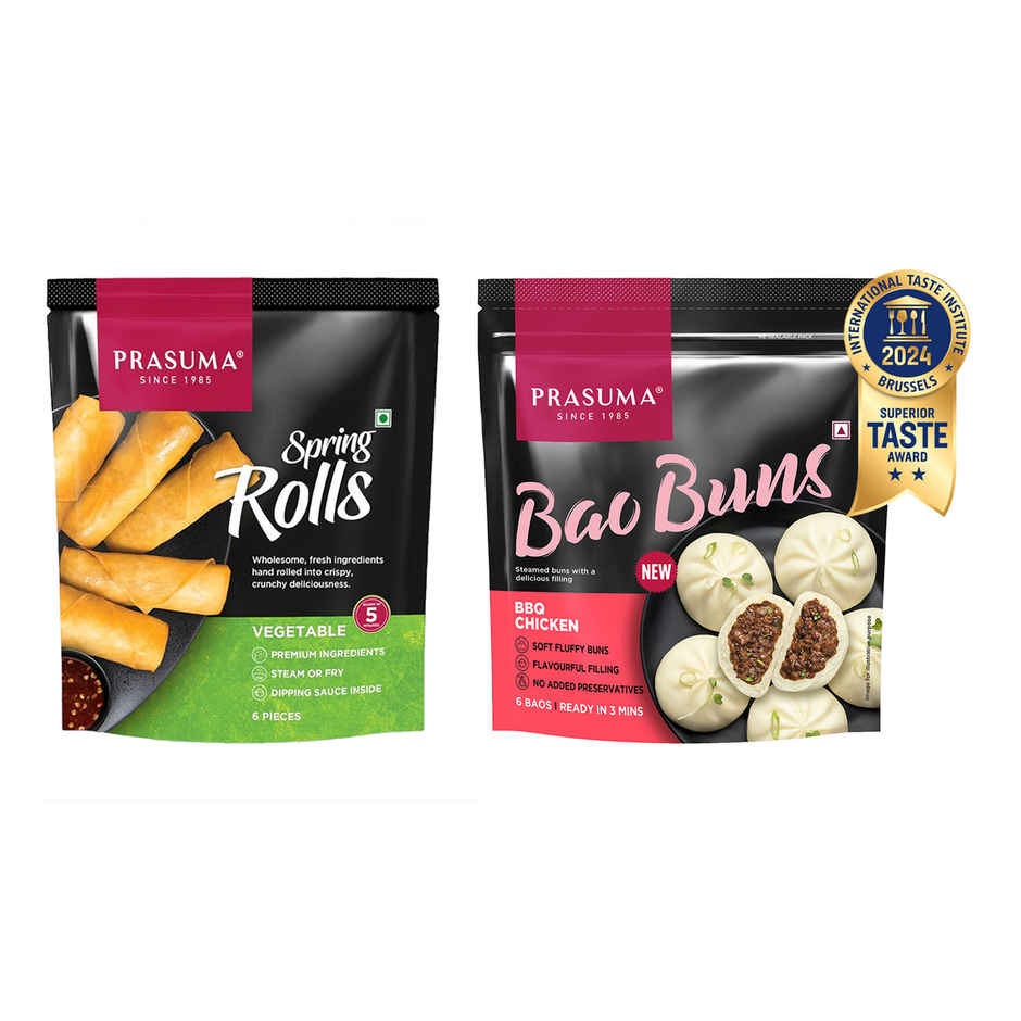 Prasuma Spring Rolls Veg Frozen(6pc) & Prasuma Bao Buns Bbq Chicken(300gms) Combo