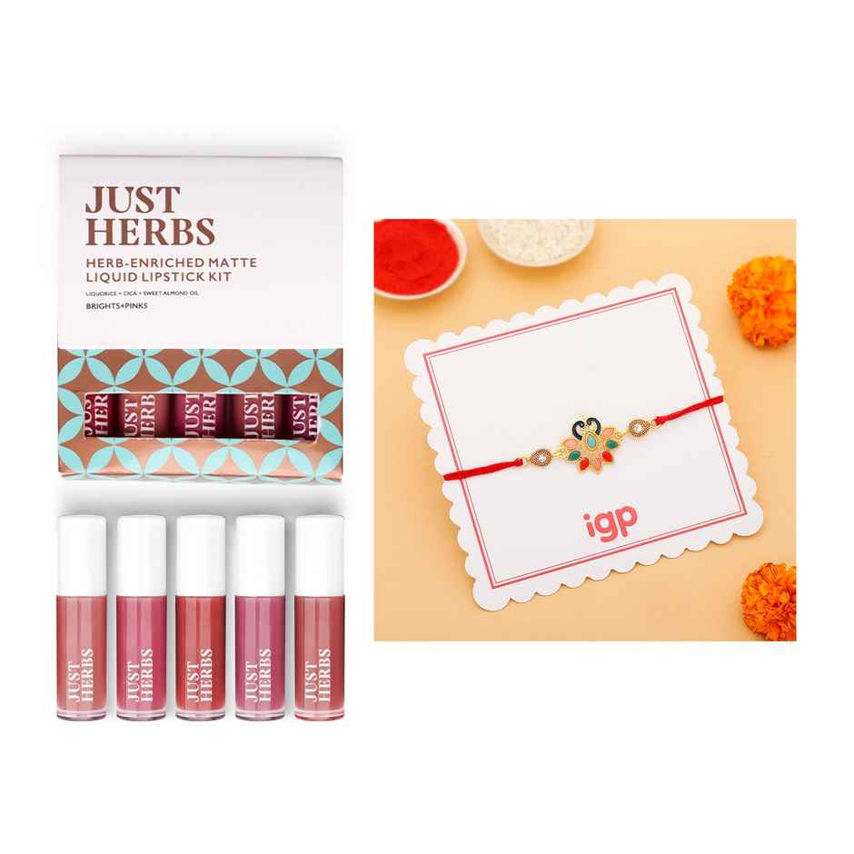 Just Herbs Enriched Liquid Lipstick Kit Set Of 5 Brights & Pinks(5ml) & Peacock Rakhi(1pc) Combo