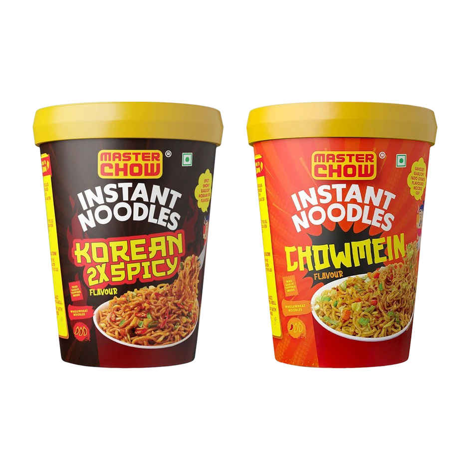 Korean Masterchow Instant Cup Noodles - Korean 2X Spicy Flavour Veg 100.0 Gram(100gms) & Korean Masterchow Instant Cup Noodles - Chow Mein Flavour Veg 100.0 Gram(100gms) Combo