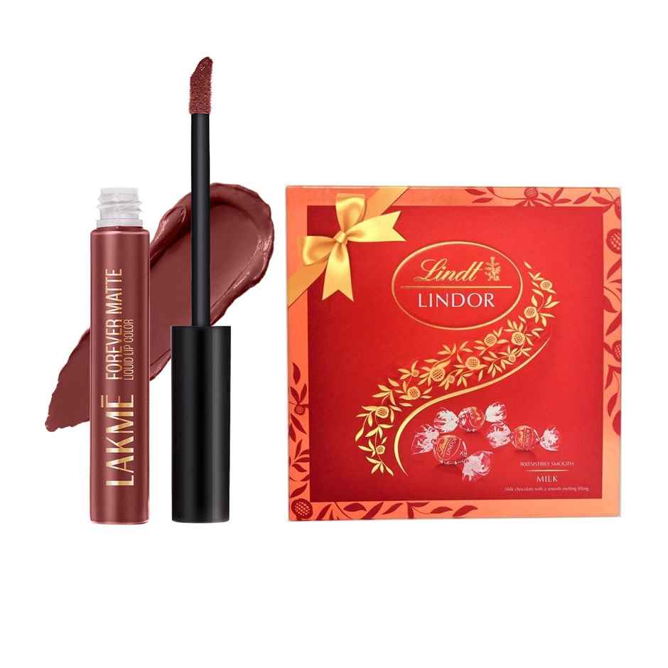 Lakme Forever Liquid Lipstick - Nude Dream | Lightweight(5.6ml) & Lindt Lindor Gift Box Milk(100gms) Combo