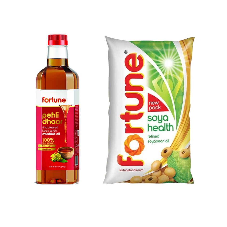 Fortune Pehli Dhaar First Pressed Kachi Ghani Mustard Oil Pet Bottle(1l) & Fortune Soyabean Oil(1l) Combo